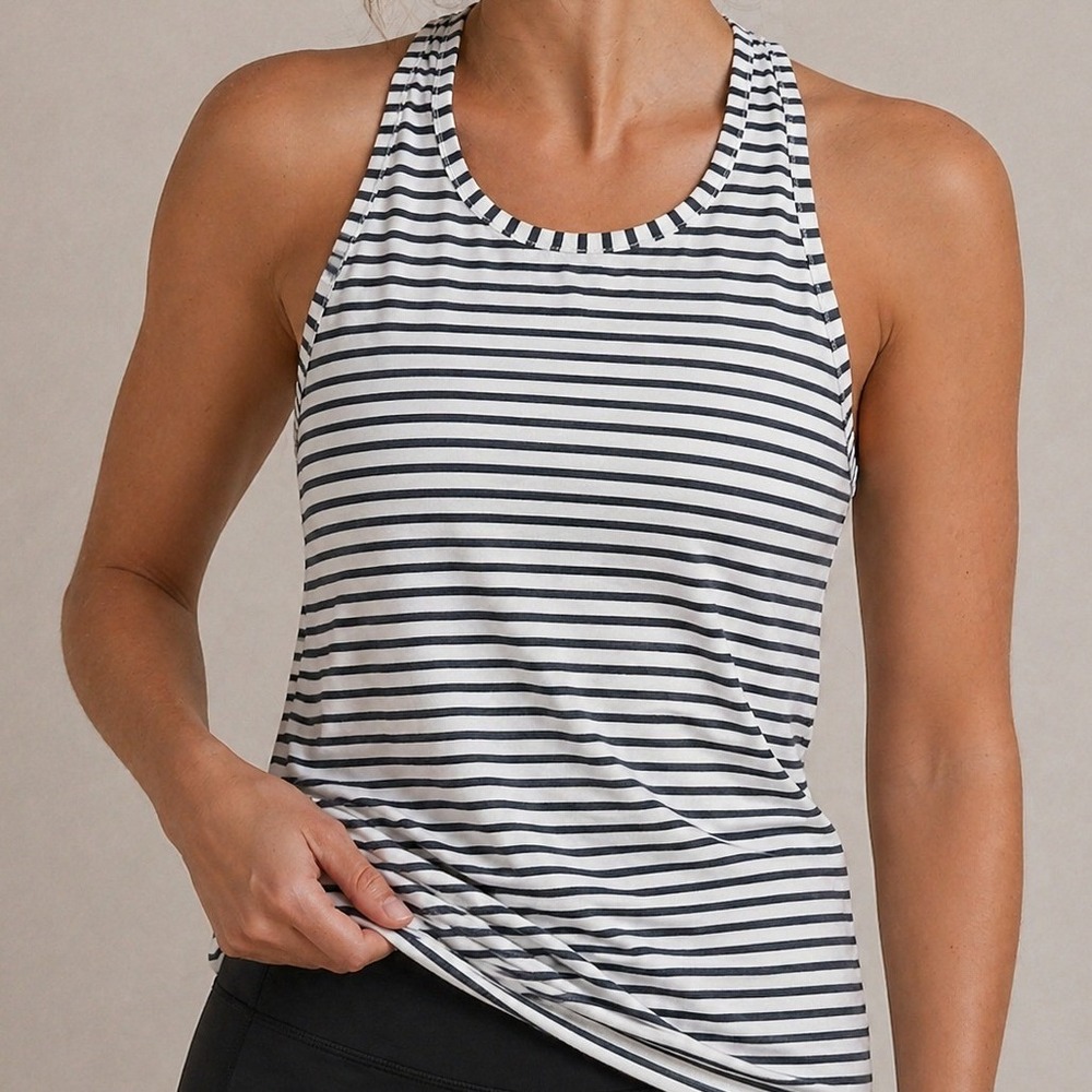 Athleta Womens Striped Racerback Tank Top Navy White Keyhole Activewear Yoga XS